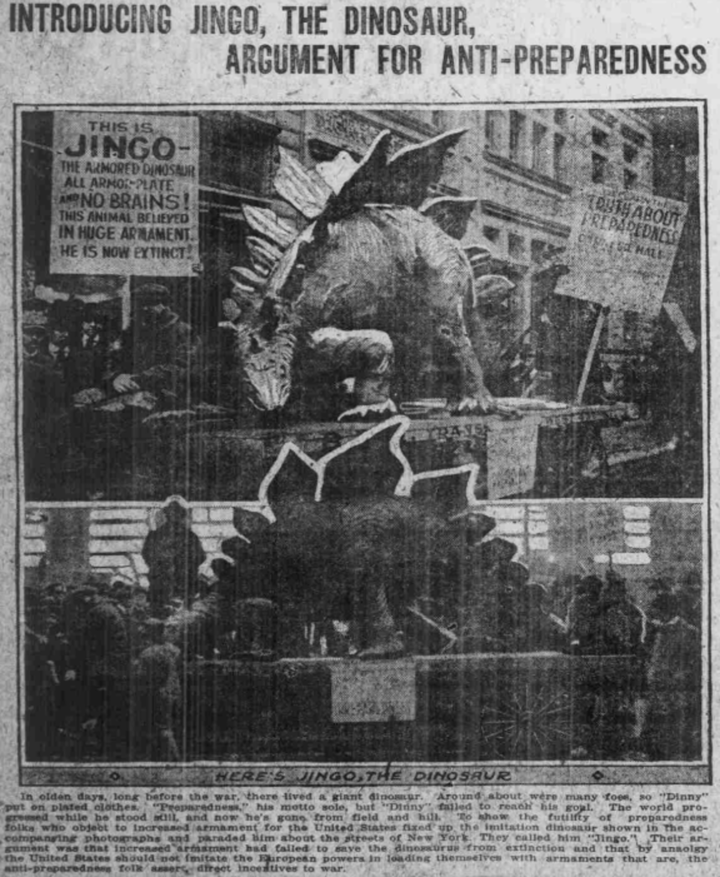 A newspaper clipping featuring two dinosaur photos and the headline, "Introducing Jingo, the Dinosaur, Argument for Anti-Preparedness