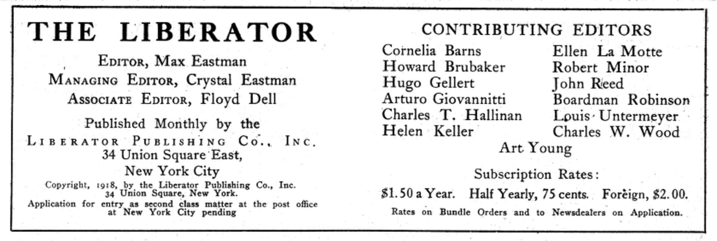 A magazine clipping, featuring a list of the "Contributing Editors" of "The Liberator"