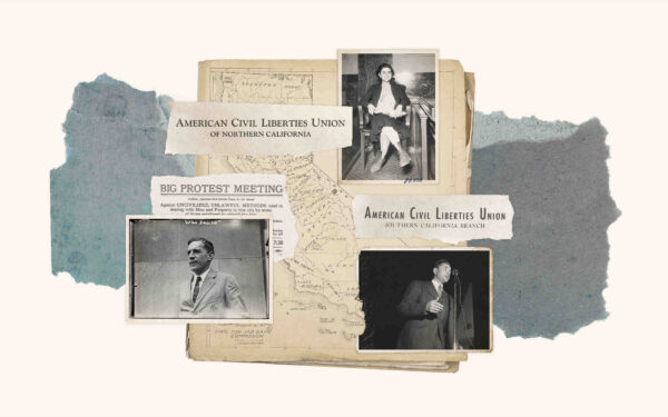 A collage of 3 portraits, several document clippings, and a map of California