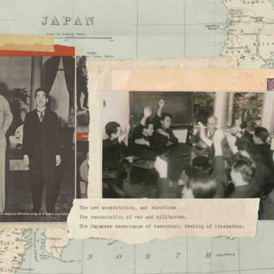 A collage featuring several historic photos, document clippings, and a map of Japan