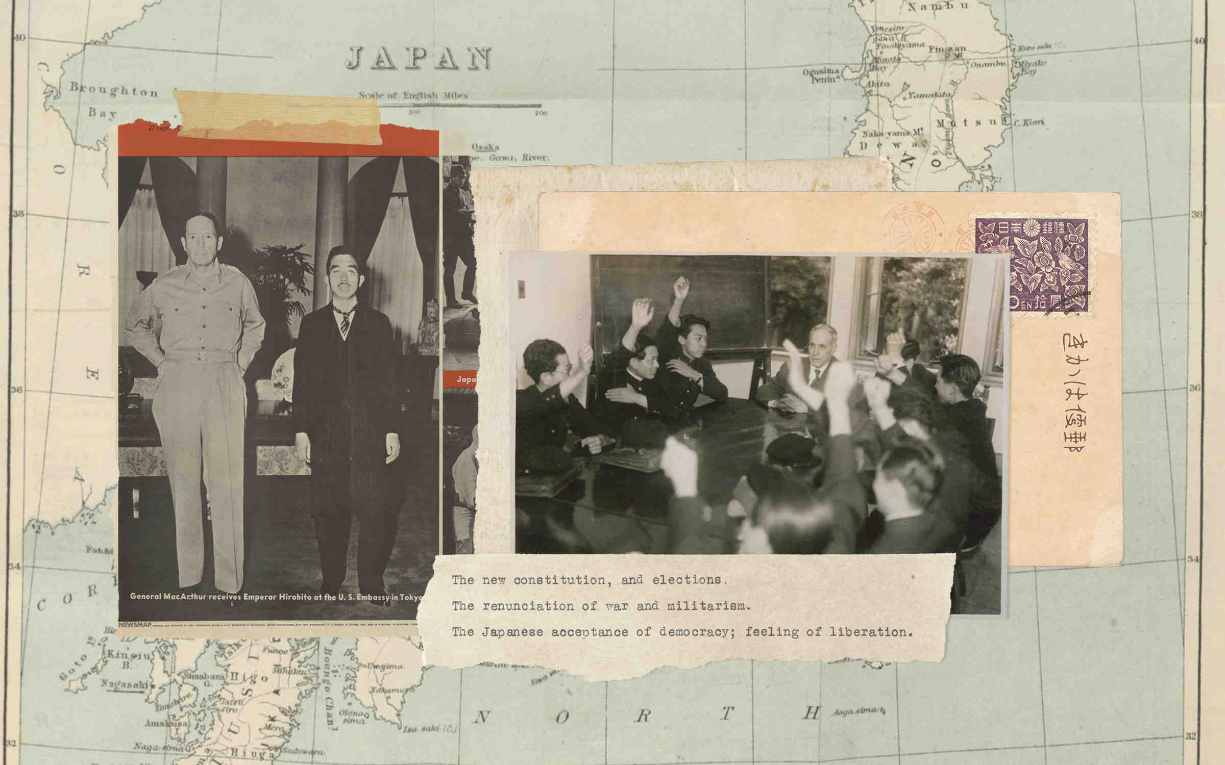 A collage featuring several historic photos, document clippings, and a map of Japan