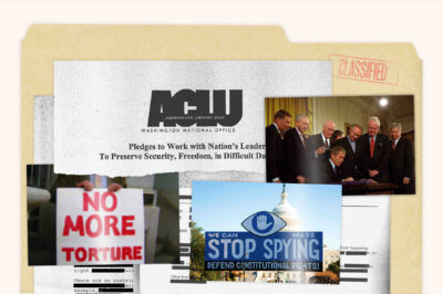 A collage of large photos and document clippings, featuring prominent text like "No More Torture" and "Stop Spying"