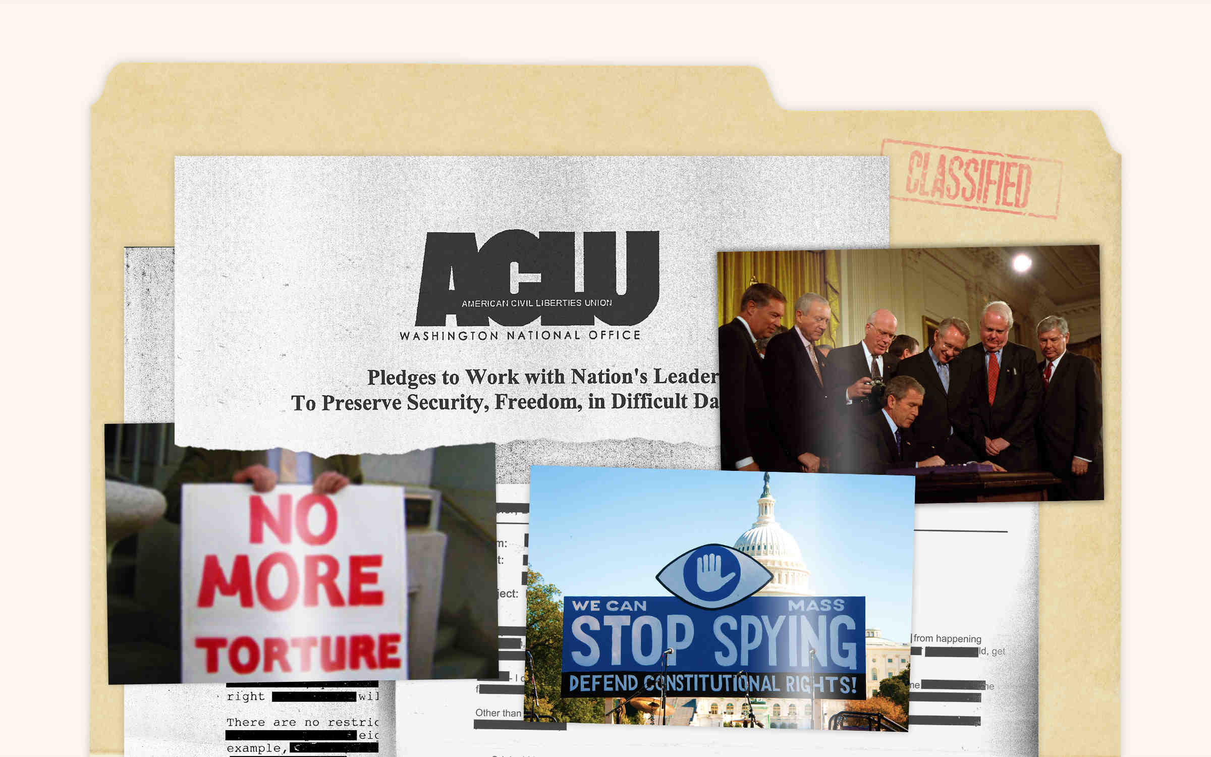 A collage of large photos and document clippings, featuring prominent text like "No More Torture" and "Stop Spying"