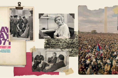 Collage of historical photos (including a large group of protestors near the Washington Monument) and the cover of a report that reads "May Day 1971, Order Without Law"