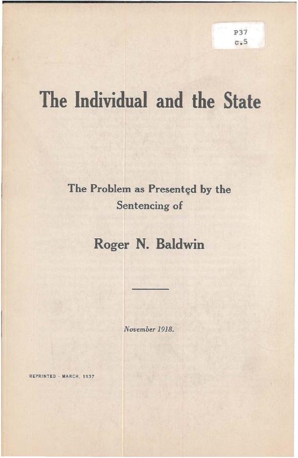 A document cover page with text that reads "The Individual and the State" by Roger N. Baldwin