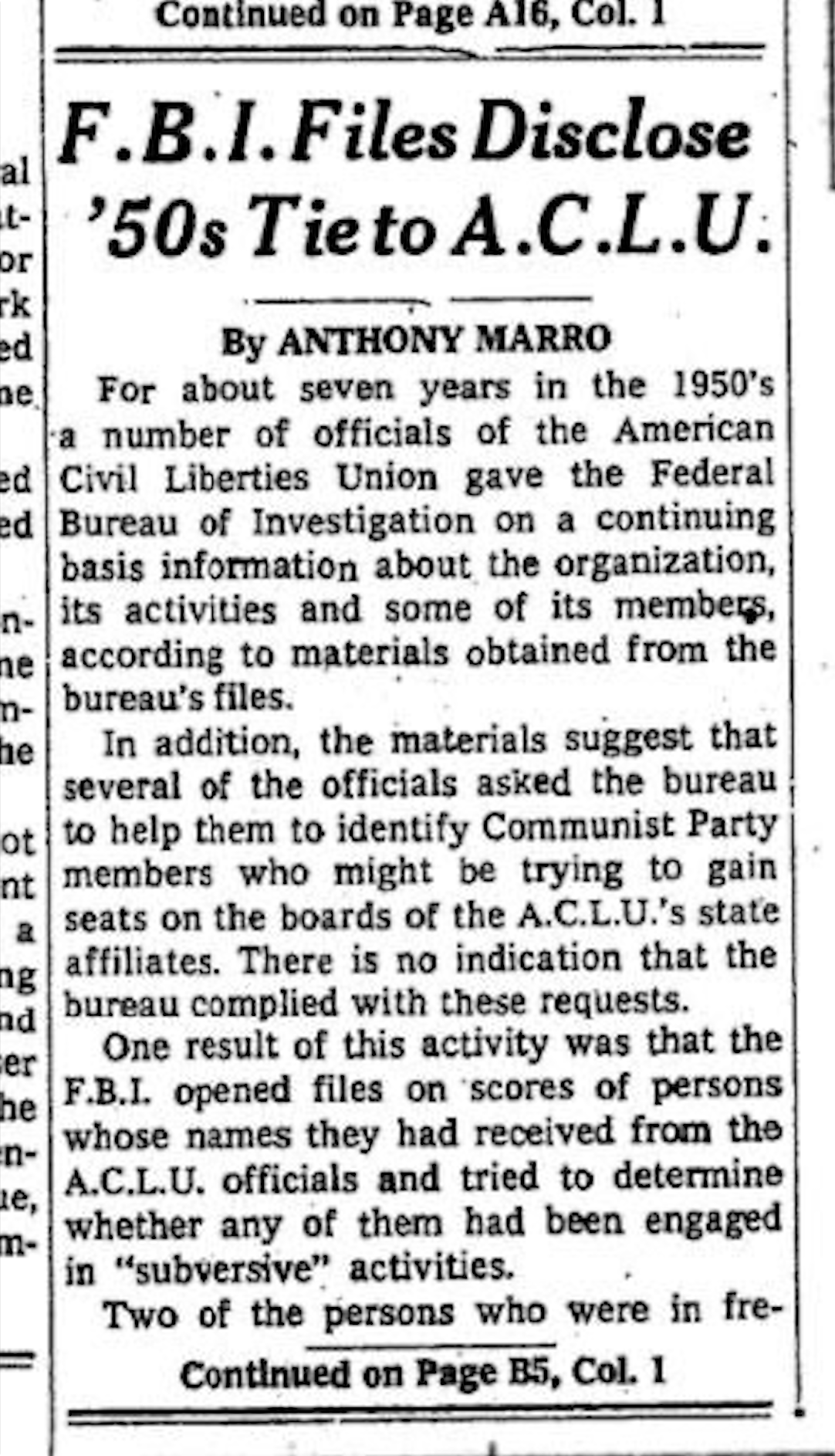 Newspaper clipping, with the headline "FBI Files Disclose '50s Tie to ACLU"
