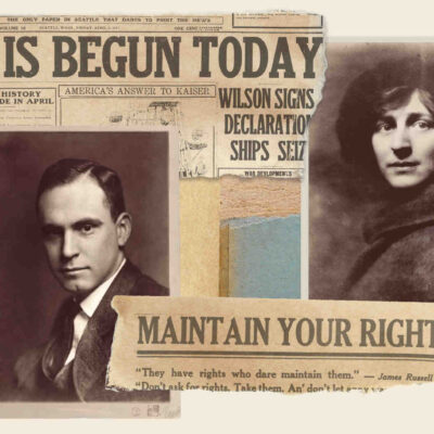 A collage with several portraits and newspaper clippings that read "War is Begun Today" and "Maintain Your Rights"