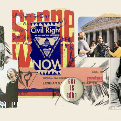 A collage of historical photos and artifacts, including a portrait of Nan D. Hunter and a pin that says "Gay is Good"