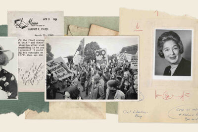 Collage of photos and document clippings, including portraits of Dorothy Kenyon and Harriet Pilpel