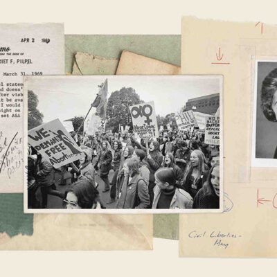 Collage of photos and document clippings, including portraits of Dorothy Kenyon and Harriet Pilpel