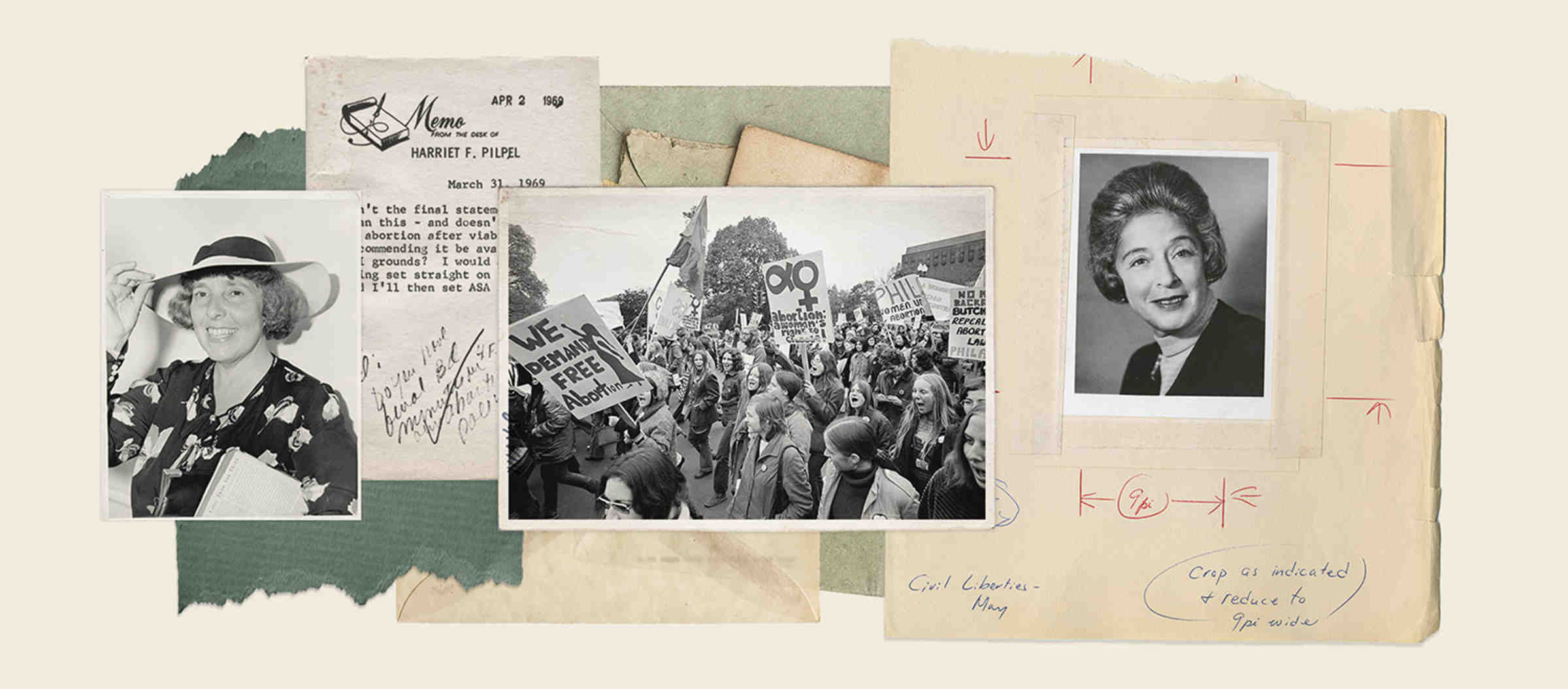 Collage of photos and document clippings, including portraits of Dorothy Kenyon and Harriet Pilpel