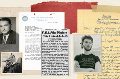 Collage of portraits and document clippings, including a newspaper that reads "FBI Files Disclose '50s Tie to ACLU"