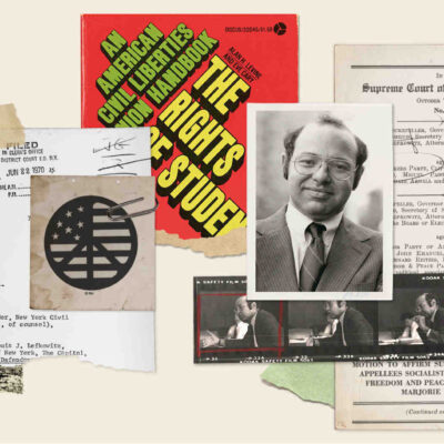 A collage of historic document clippings and a portrait of Burt Neuborne