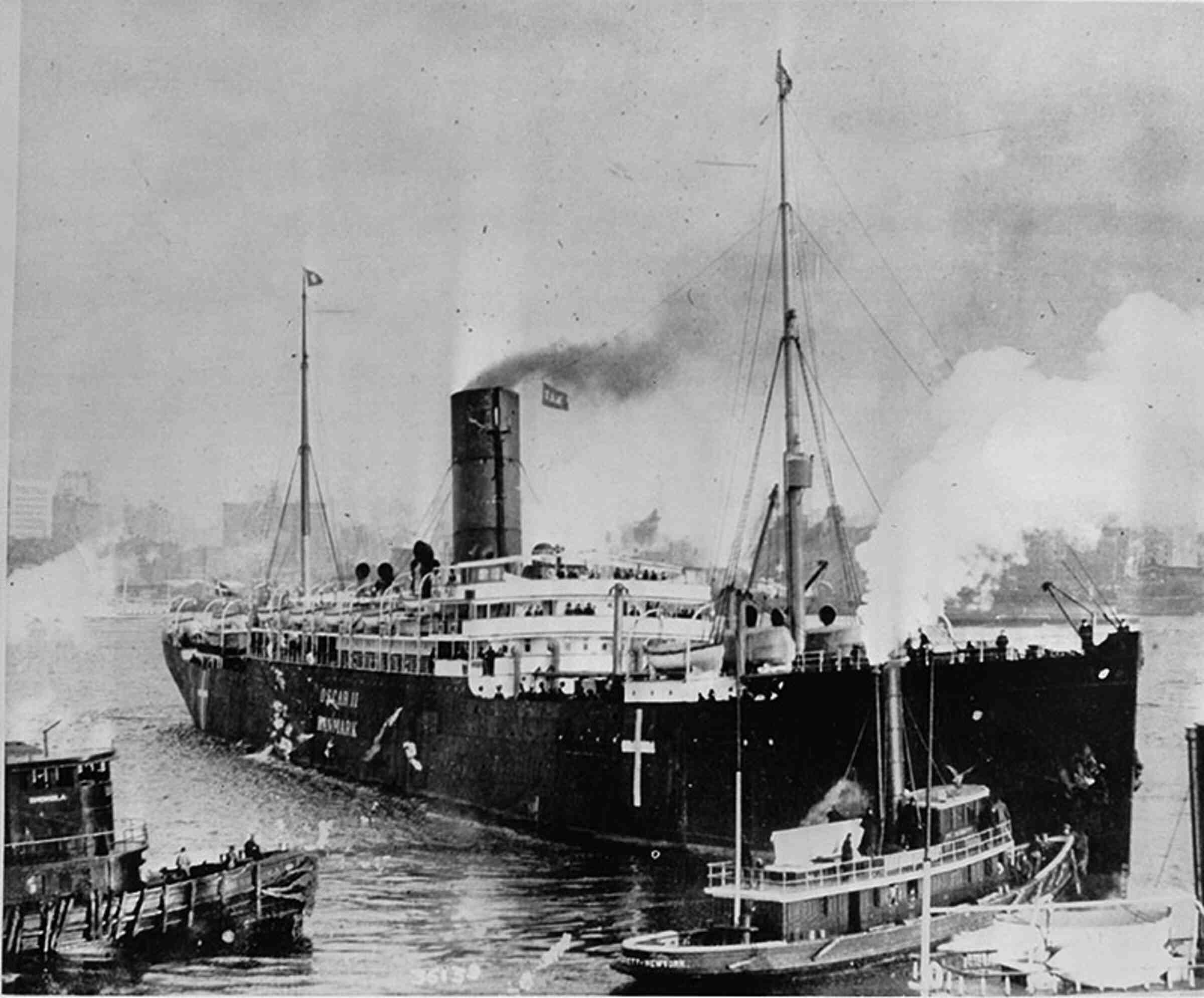 A large steamship in a harbor