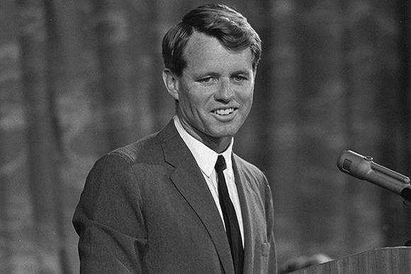 Robert F. Kennedy speaking into a mic