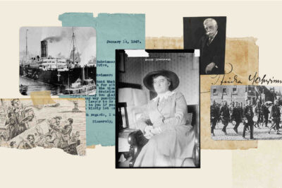 A collage of historic photos and letters, including a portrait of Rosika Schwimmer