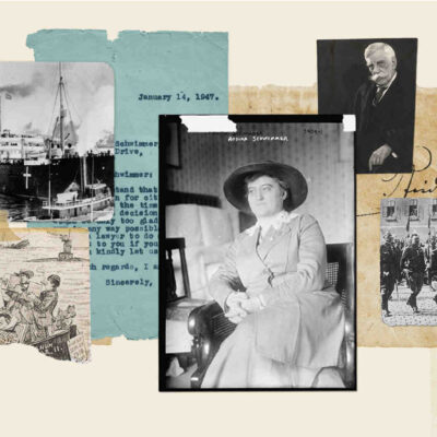 A collage of historic photos and letters, including a portrait of Rosika Schwimmer