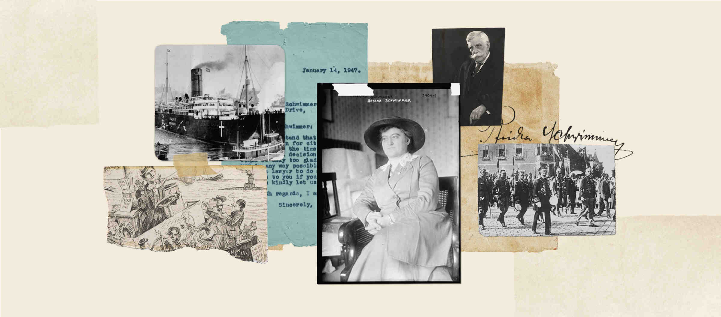 A collage of historic photos and letters, including a portrait of Rosika Schwimmer