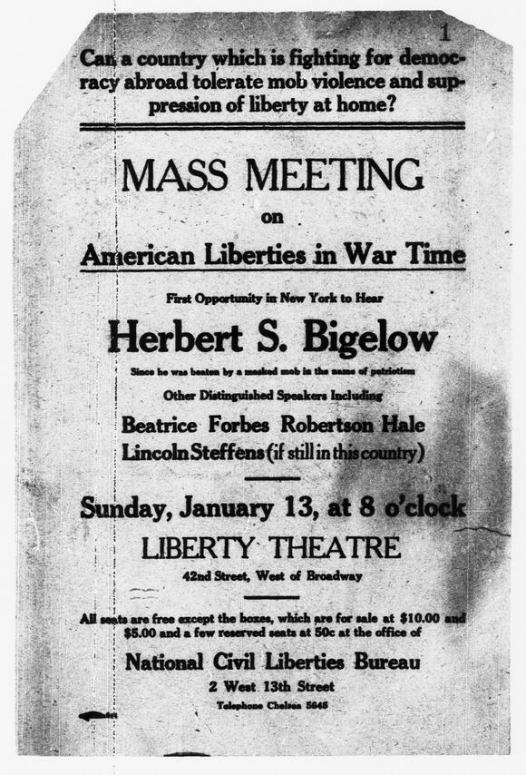 An event flyer with large text: "Mass Meeting on American Liberties in War Time"