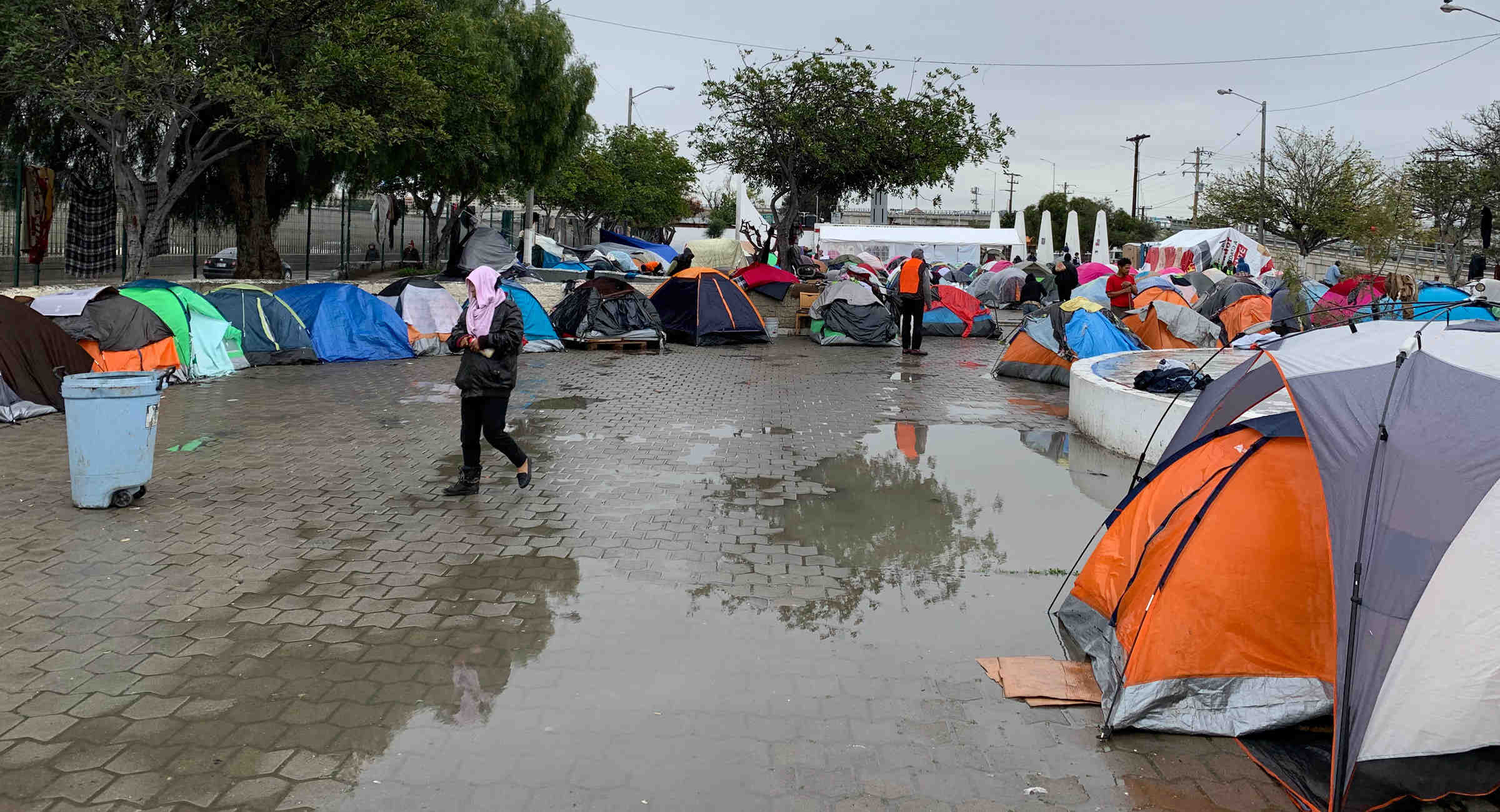 tents outside in the rain in Tijuana