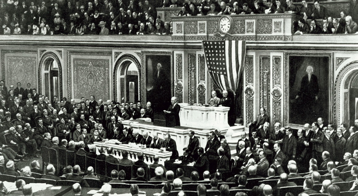 Woodrow Wilson speaking to Congress at the US Capitol