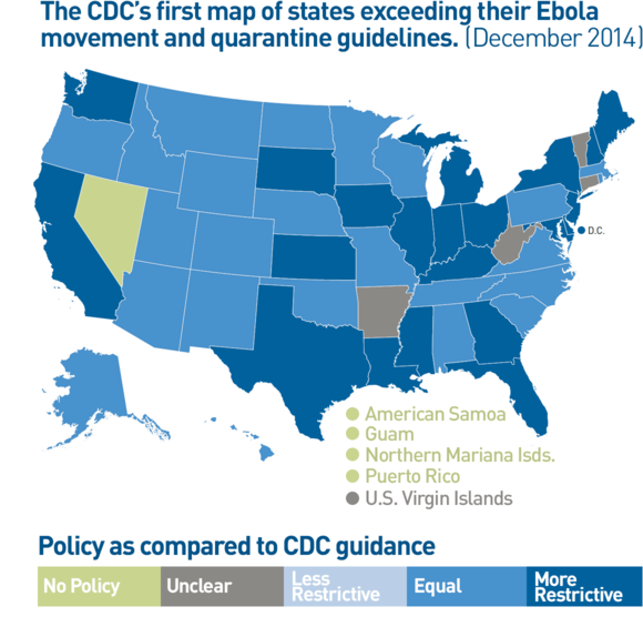 CDC's first map of states exceeding their Ebola movement and quarantine guidelines