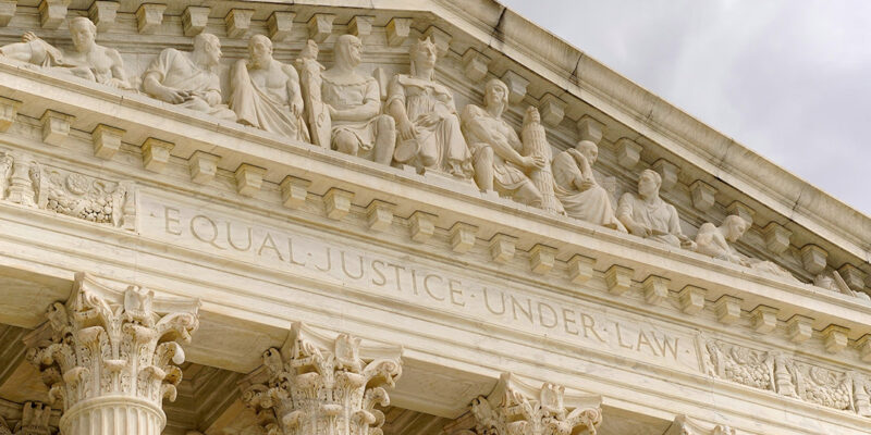 The front entrance of the historic U.S. Supreme Court Building.