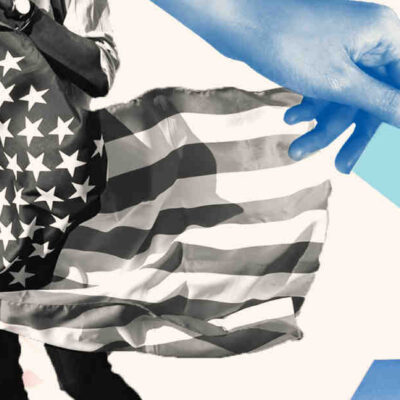 A collection of illustrations, including someone holding a US flag and several hands putting cards into a ballot box