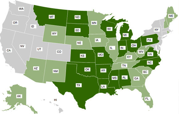 A map of the United States showing the states that saw major threats to, and new laws, restricting abortion access in 2012.