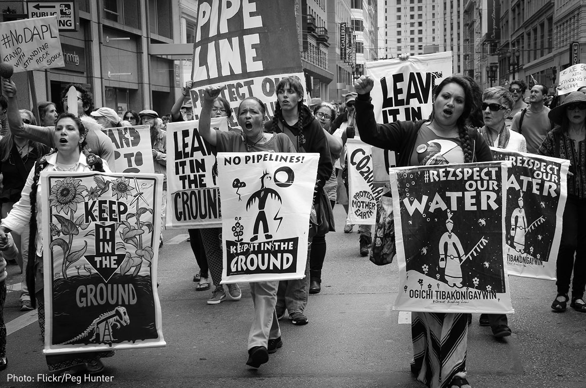 Dakota Access Pipeline protesters marching in the street