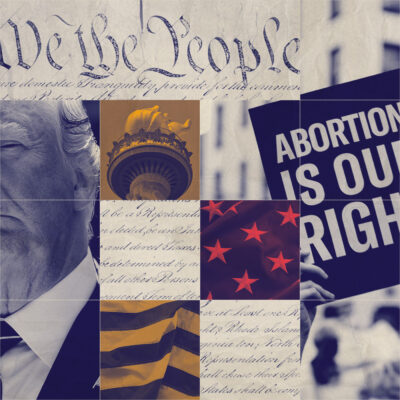 A graphic featuring Trump and imagery pertaining to reproductive rights.