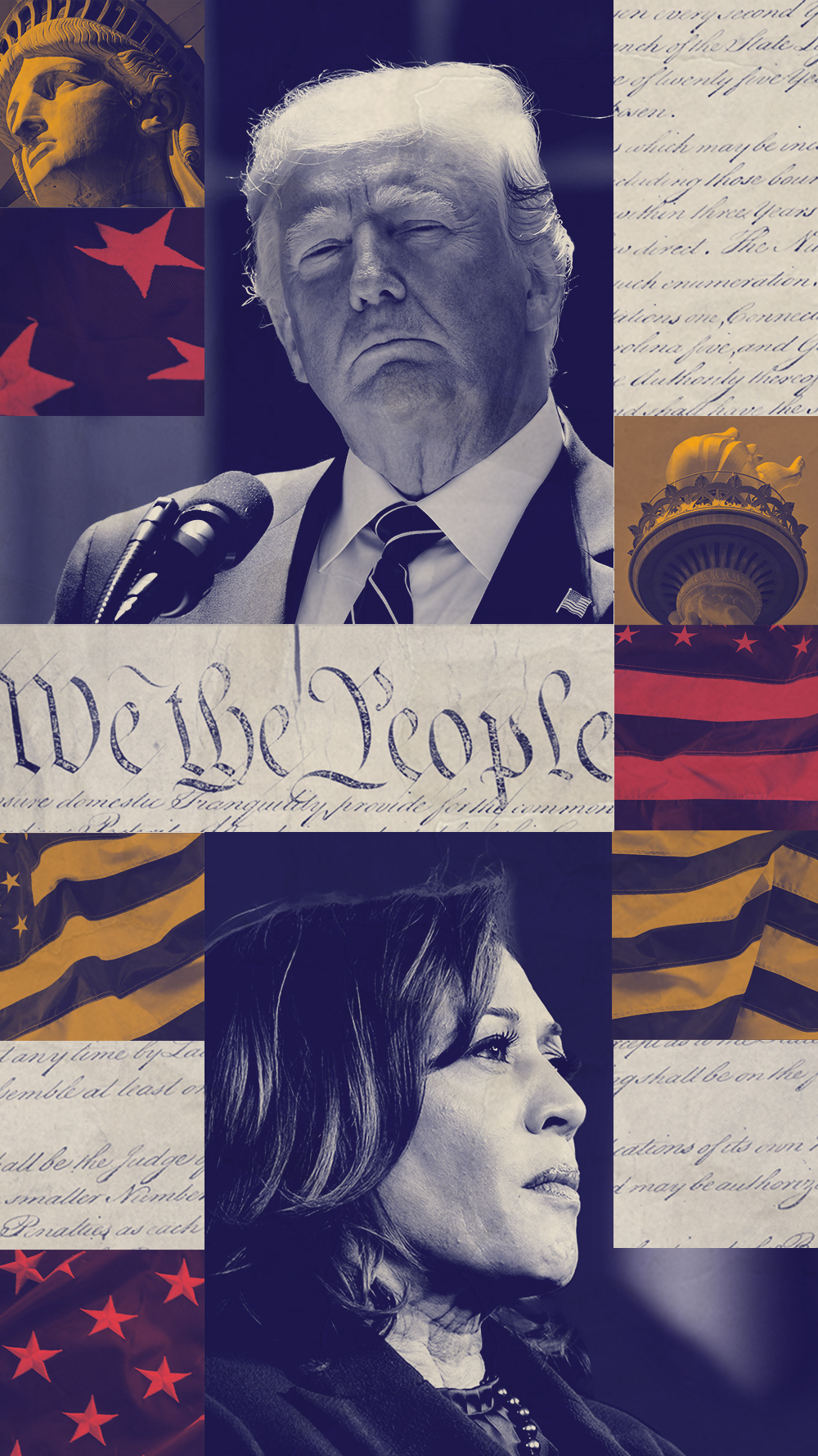 A graphic featuring Trump and Harris imagery pertaining to the constitution.