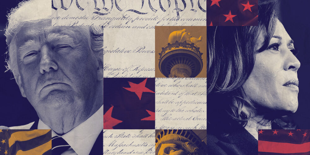 A graphic featuring Trump and Harris imagery pertaining to the constitution.