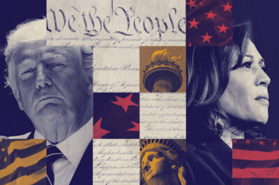 A graphic featuring Trump and Harris imagery pertaining to the constitution.