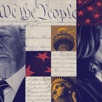 A graphic featuring Trump and Harris imagery pertaining to the constitution.