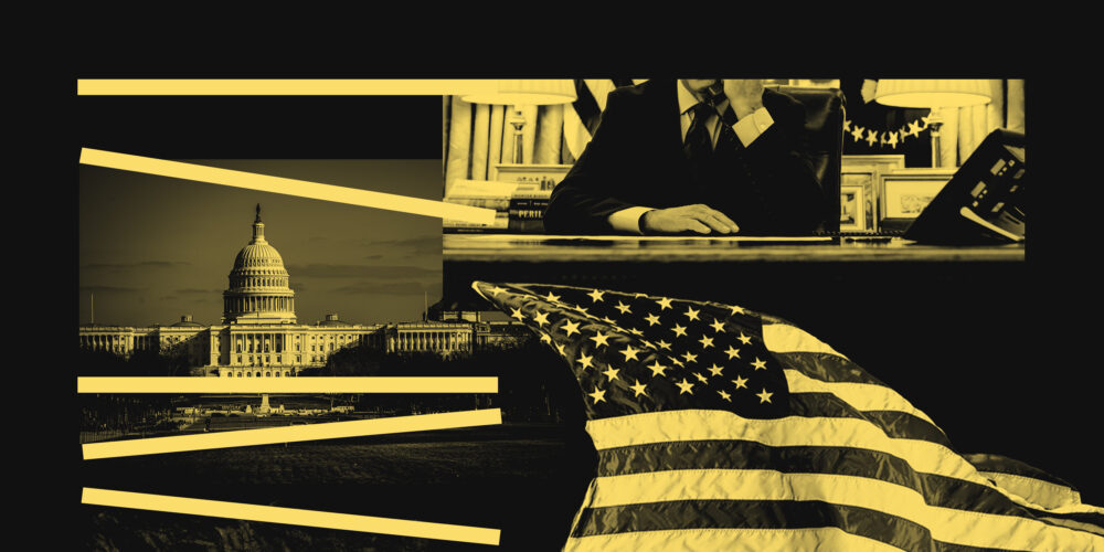 A graphic featuring the White house and the American flag.