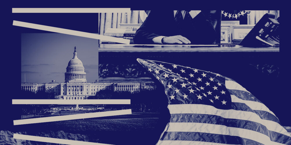 A graphic featuring the White house and the American flag.