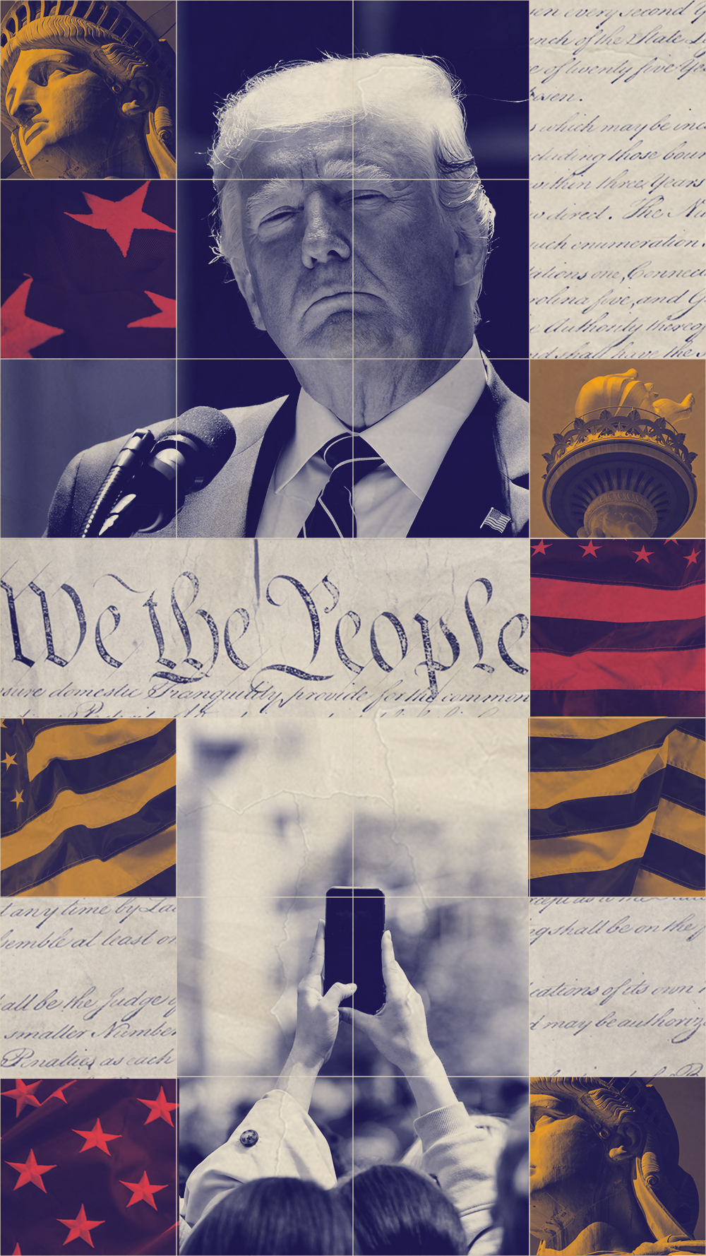 A graphic featuring Trump and imagery pertaining to surveillance and first amendment rights.