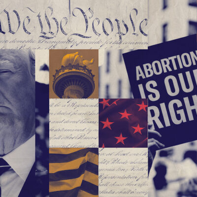 A graphic featuring Trump and imagery pertaining to abortion.