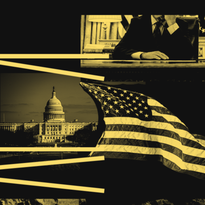 Layered yellow and black image with political figure, Capitol Hill, and American Flag