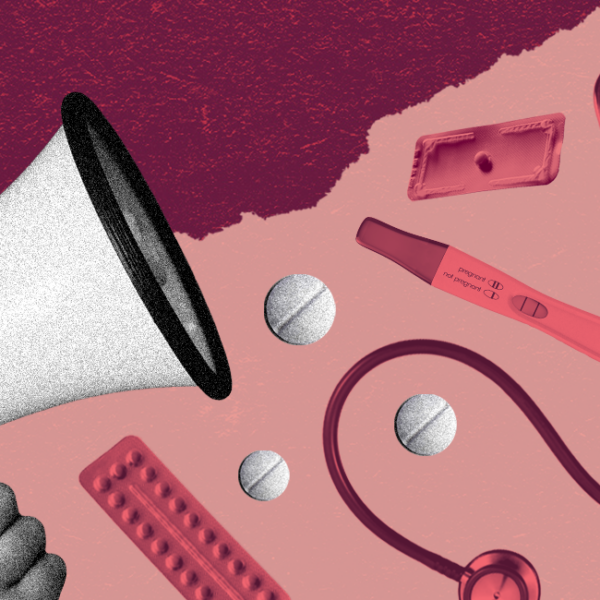 An illustrated collage, including graphics of a megaphone, stethoscope, birth control pills, and a pregnancy test.