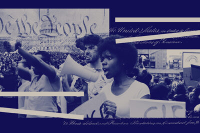 A graphic featuring a crowd of people demonstrating and the Preamble to the United States Constitution.