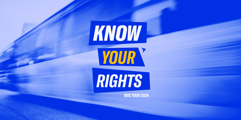 A graphic with the phrase "Know Your Rights Bus Tour."