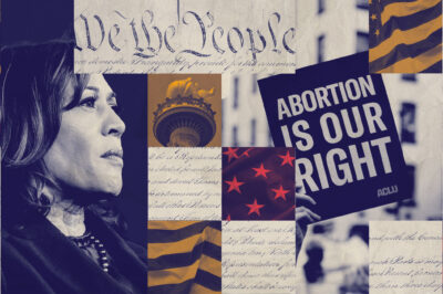 A graphic featuring Harris and imagery pertaining to reproductive rights.