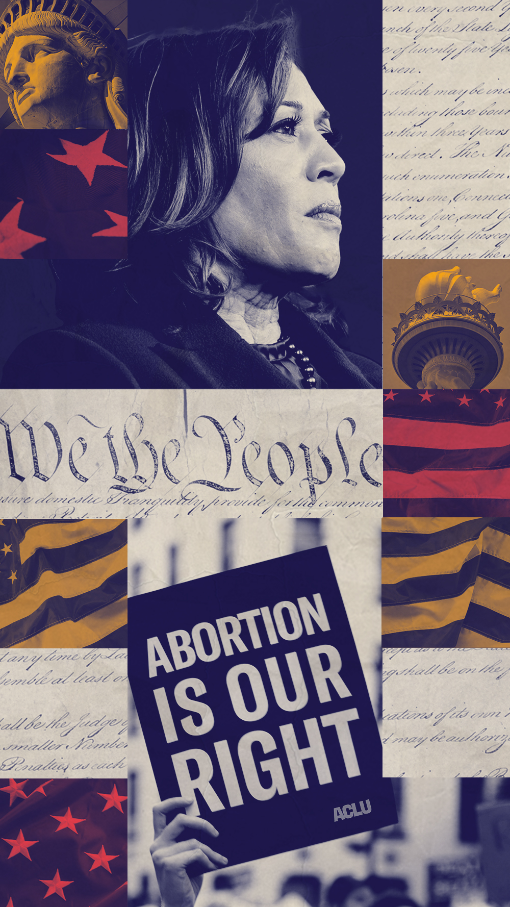 A graphic featuring Harris and imagery pertaining to reproductive rights.
