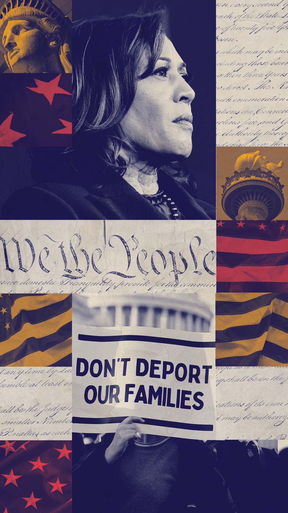 A graphic featuring Harris and imagery pertaining to immigration.