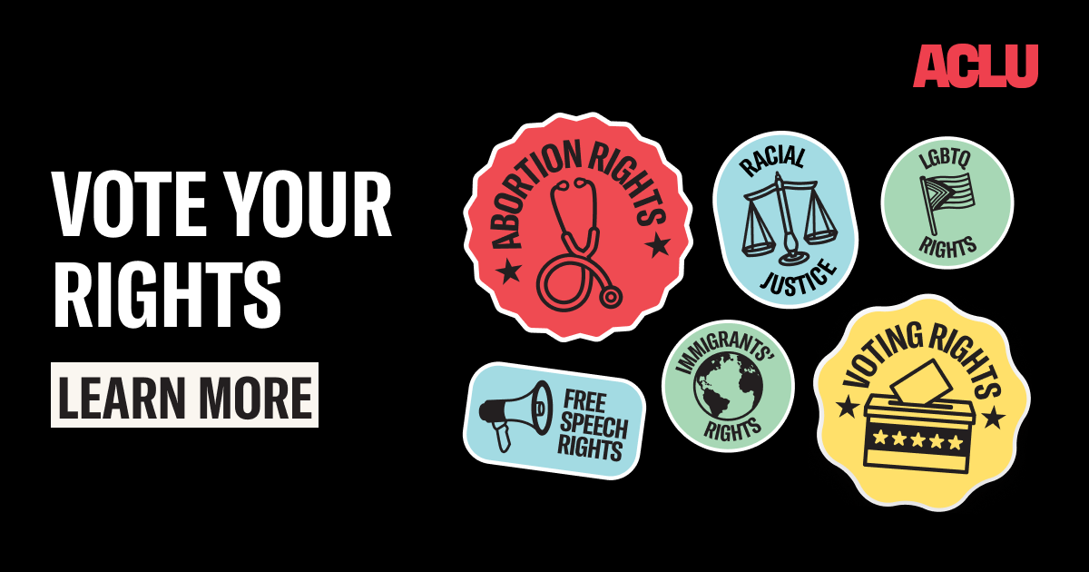 A collection of colorful stickers that read: Abortion Rights, Racial Justice, LGBTQ Rights, Free Speech, Immigrants' Rights, and Voting Rights, with the text "Vote Your Rights, Learn More"