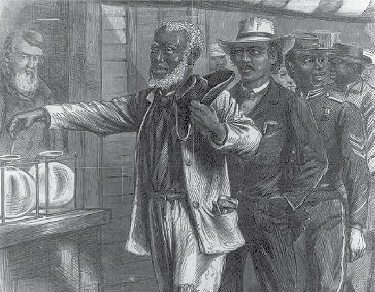 A historical illustration of African American men in line to vote