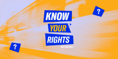 A graphic that says know your rights bus tour with question marks around the text.