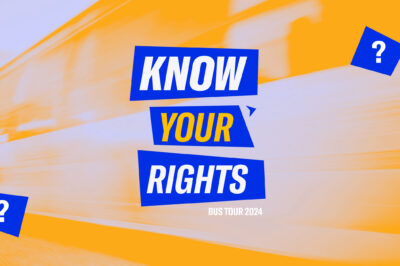 A graphic that says know your rights bus tour with question marks around the text.